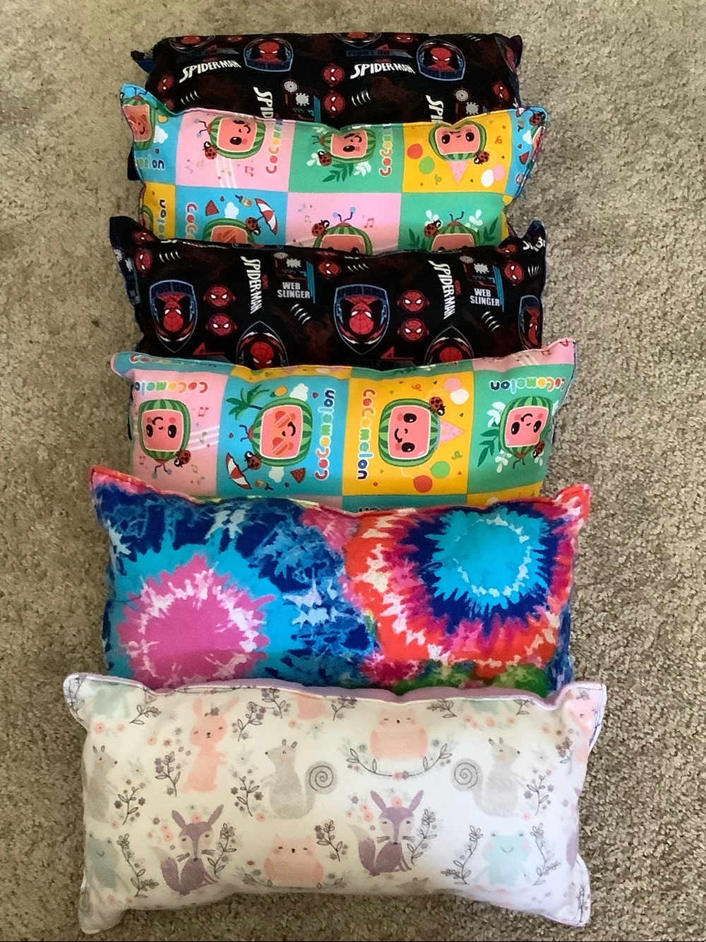 Hand Crafted Kids Pillows/ Naptime-Multicolor Tie-Dye, Pink, Blue, Black, Yellow